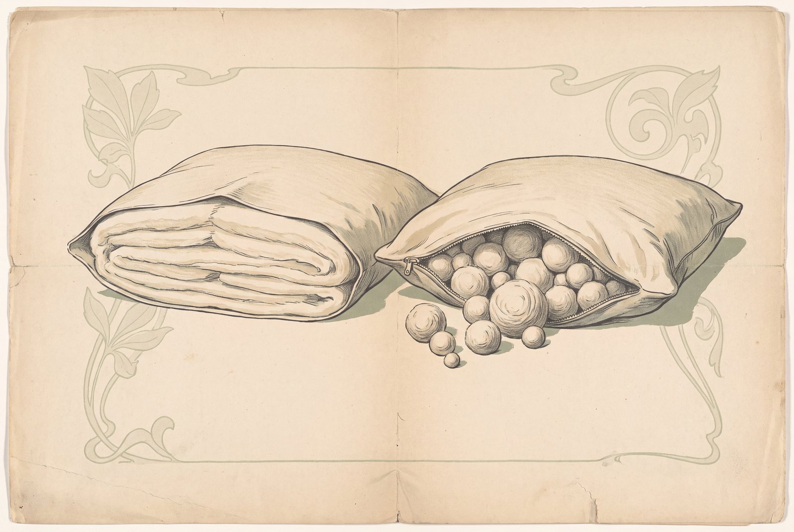 Two opened pillows side by side, one showing flat layers of carded wool batting inside, the other unzipped to reveal a filling of loose wool balls.