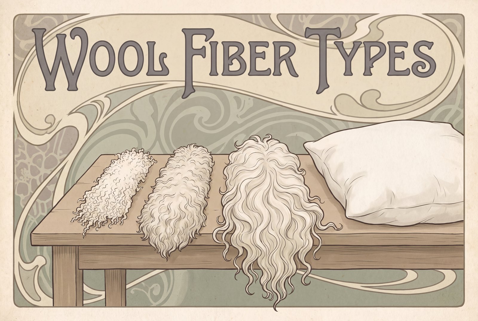 Three locks of natural cream wool on a wooden table, arranged from a short, fine, tightly crimped lock to a long, thick, loosely waved one, with a plain white pillow beside them.