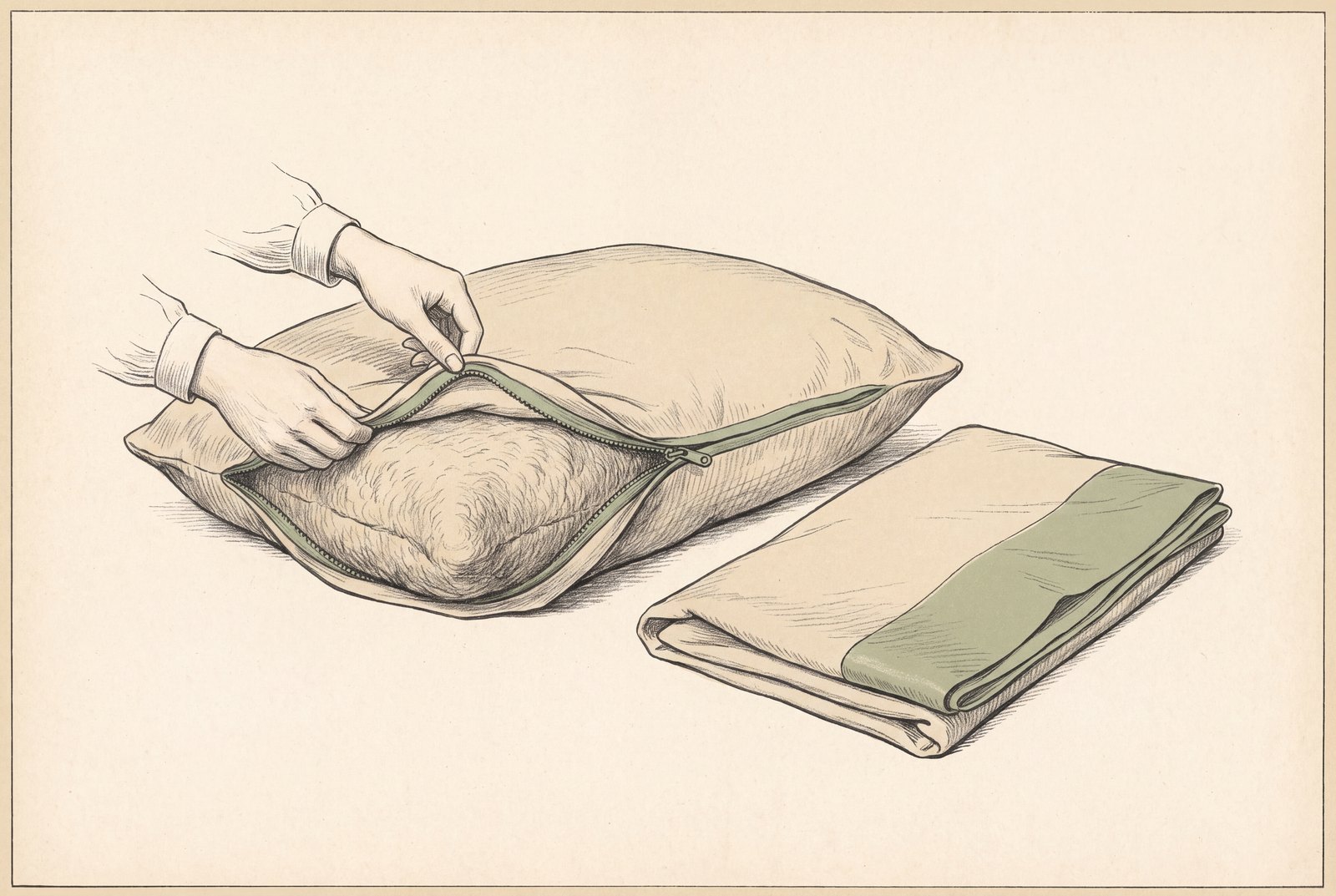 Hands pulling the zipper closed on a dust-proof cover fitted over a rectangular wool bed pillow, with a separate pillowcase laid out beside it.