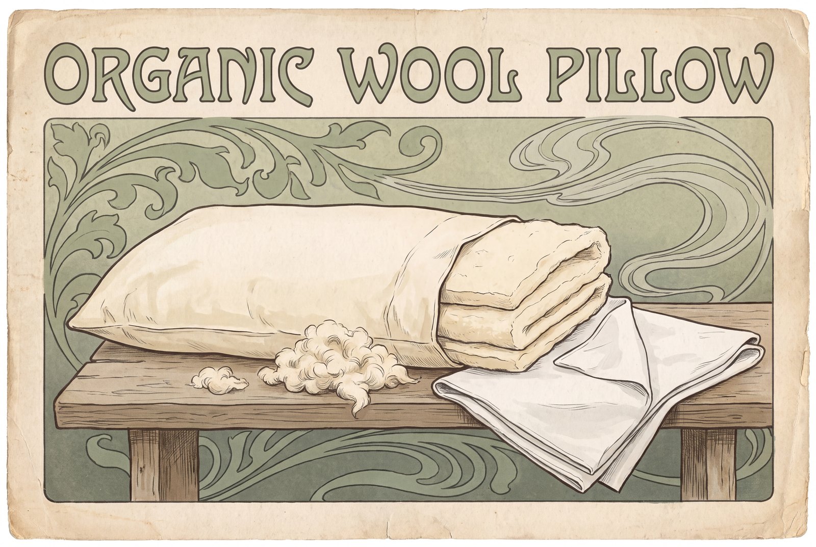 A plain white pillow with one end opened to show thick layers of cream-colored wool batting inside, resting on a wooden bench next to a small pile of loose wool and a folded pillowcase.