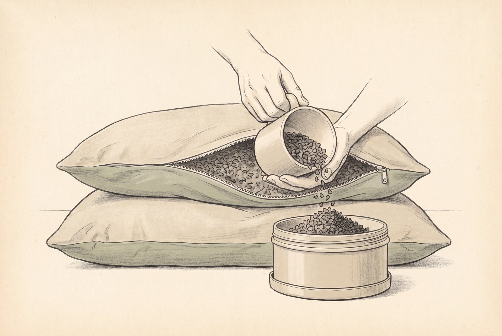 Hands scoop a cup of buckwheat hulls out of a pillow's unzipped hull chamber and pour them into a lidded container that holds the spare hulls.