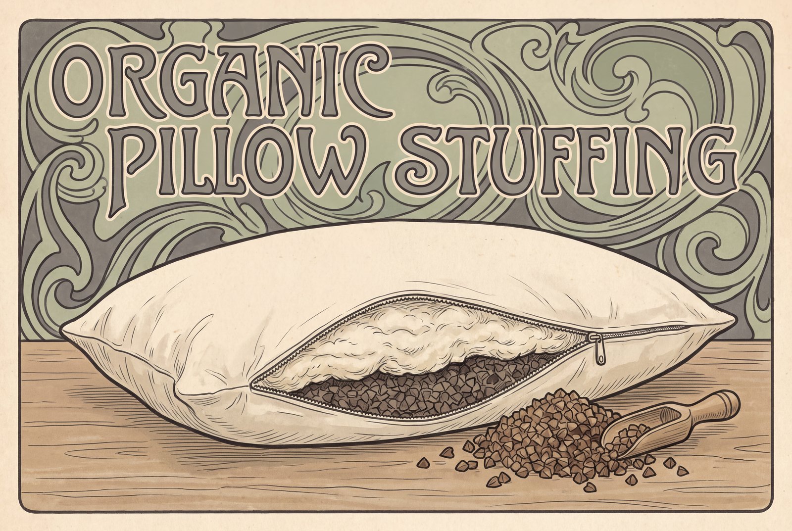 Illustration of a two-layer pillow with its zipper open. A soft, pale wool layer sits above a firmer core, and loose brown buckwheat hulls are piled on the table next to it.