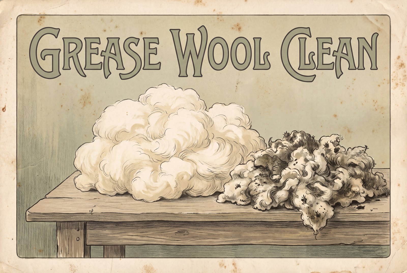 Washed white wool fill next to raw, yellowed greasy fleece, showing what scouring takes out