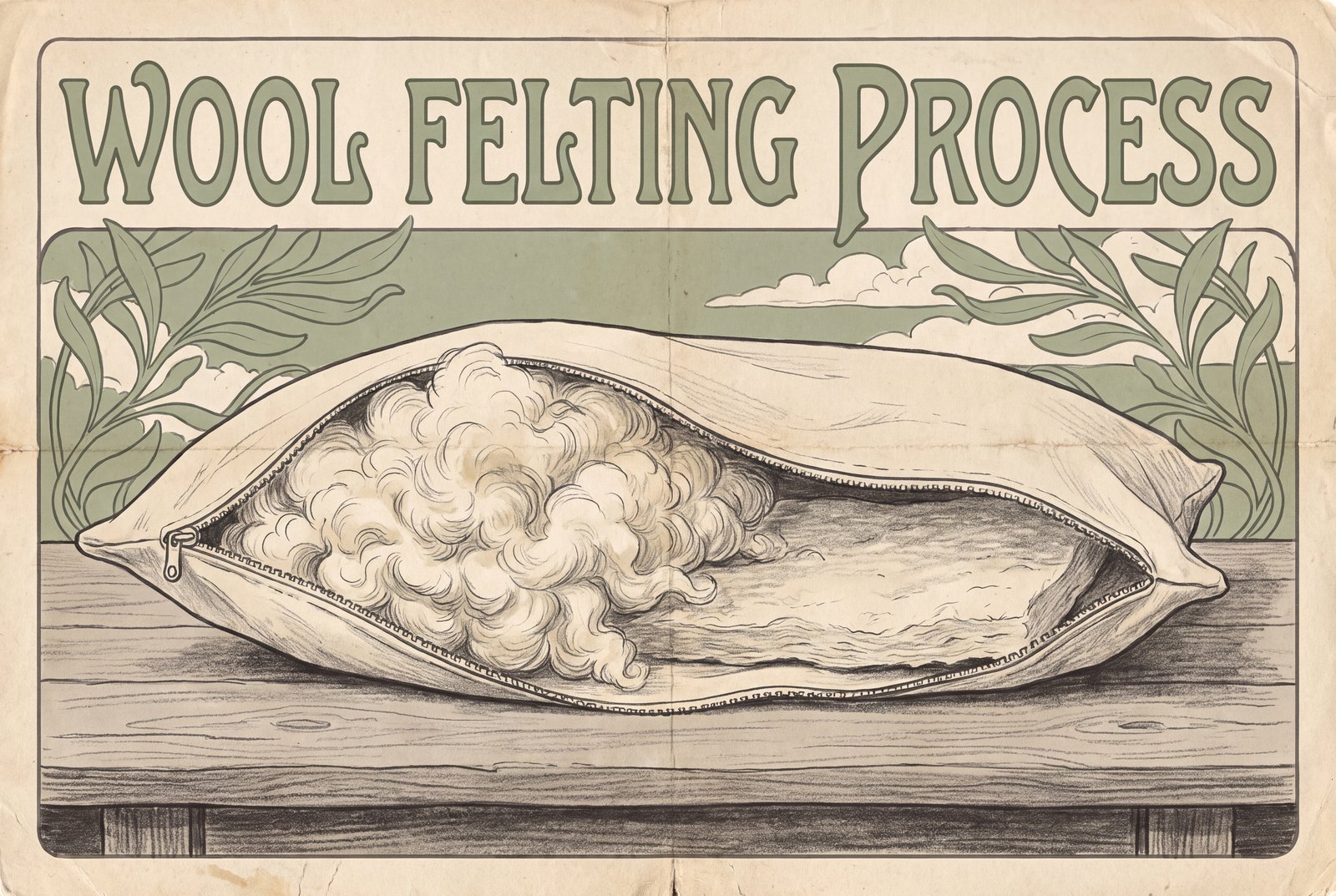 An open pillow cover lies between two piles of wool. One is an airy heap of loose fibers. The other is a flat, compressed mat of felted wool that has lost its height.