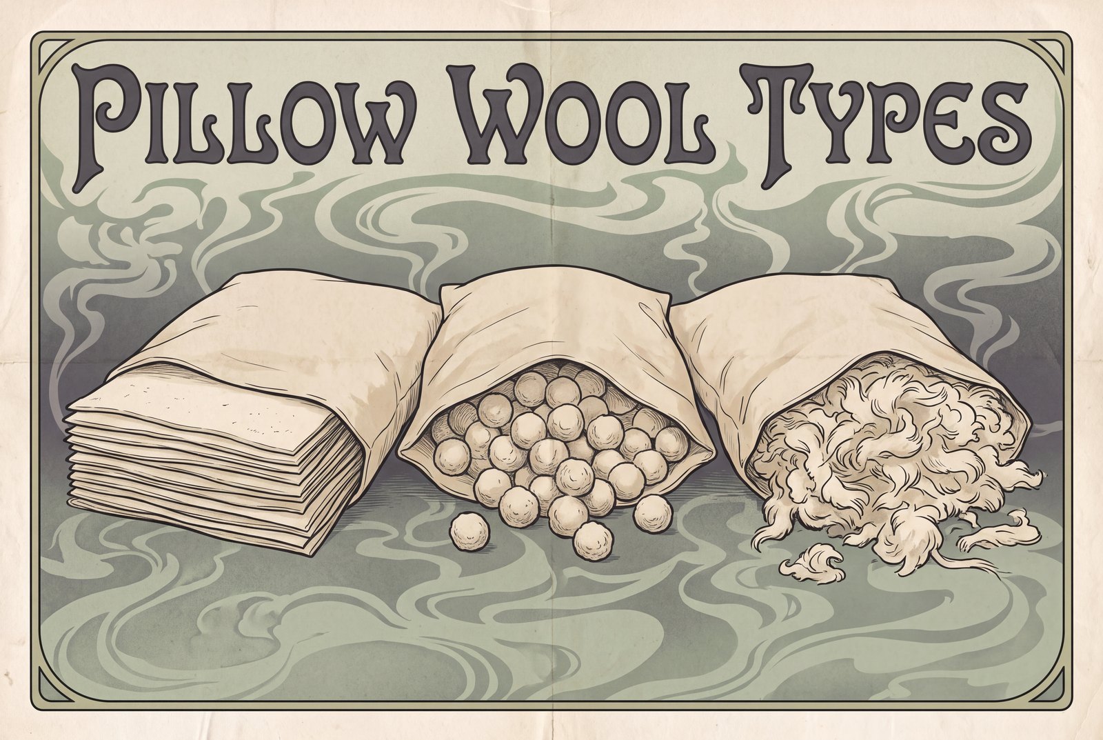 Three unzipped cotton pillow cases in a row. One holds flat layers of wool stacked one on another, one holds many small round wool balls, and one holds loose, wispy tufts of wool.