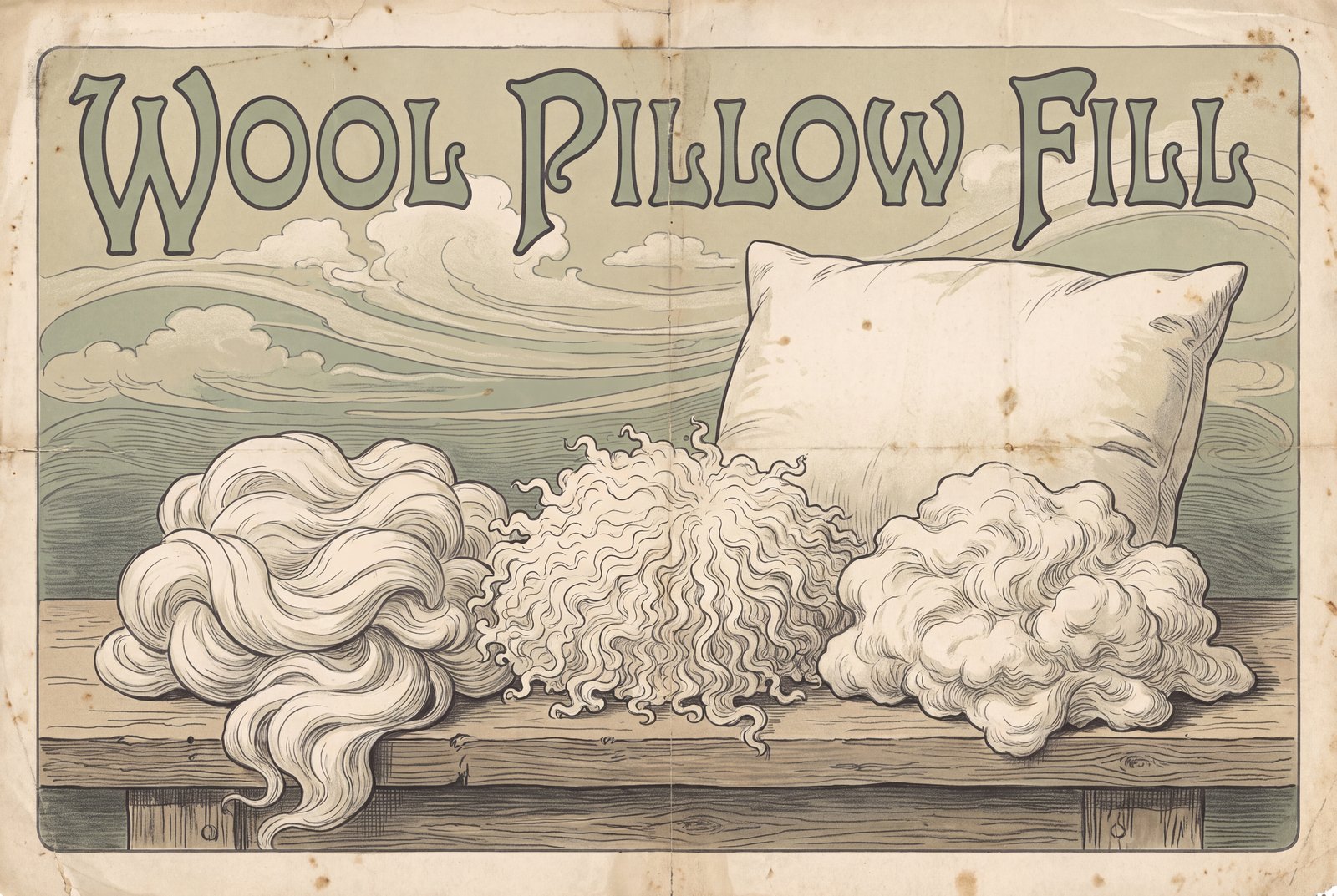 Three piles of white wool on a wooden board, going from coarse and wavy to fine and tightly crimped, set in front of a plump pillow.