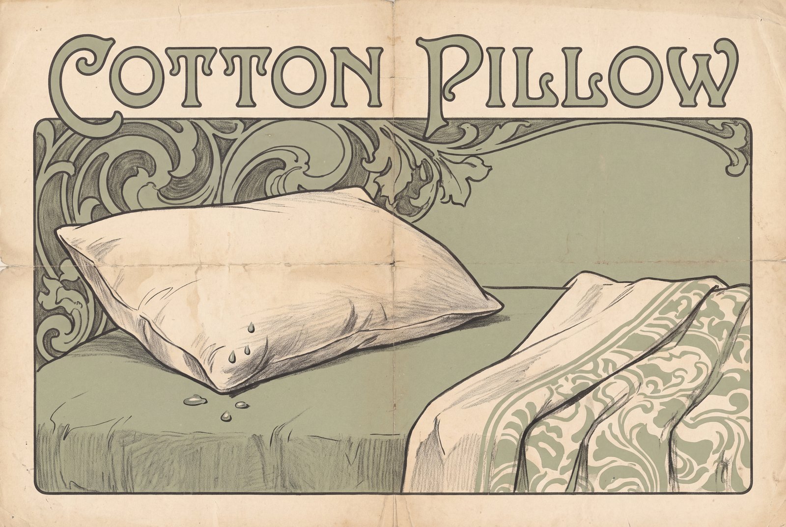 A plain cotton pillow on a bare mattress next to a folded-down blanket, with a few drops of water on the fabric near one corner.