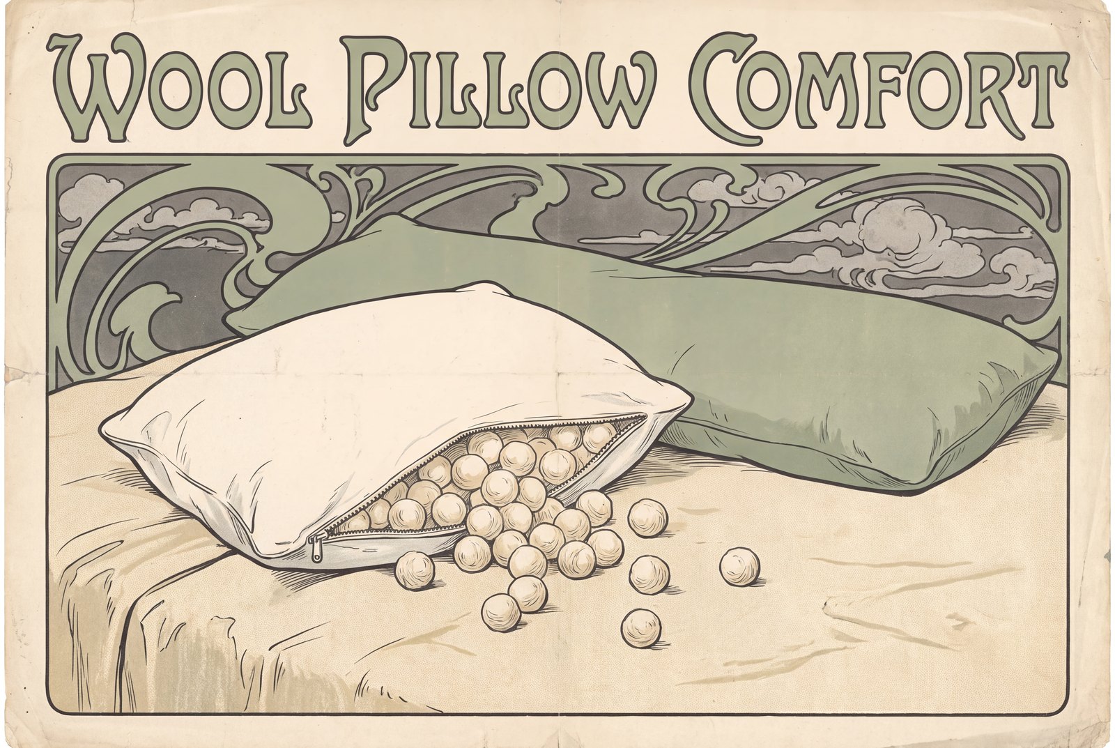 Illustration of an unzipped cotton bed pillow with loose balls of cream-colored wool fill spilling onto a sheet, and a long body pillow lying behind it.